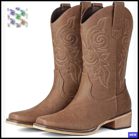 Shoes - Square Toe Mid Calf Cowgirl Boots Retro Embroidery Low Chunky Heel Pull On